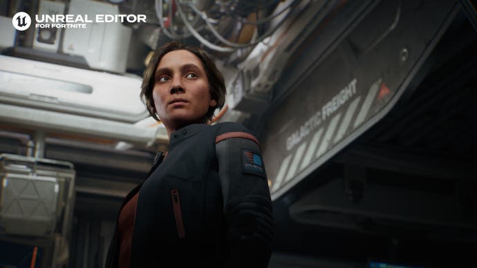 Screenshot of Epic Games' Talisman demo, showing a realistic human character made using MetaHuman technology.