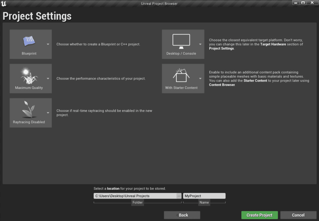 Unreal Game Engine Project Settings