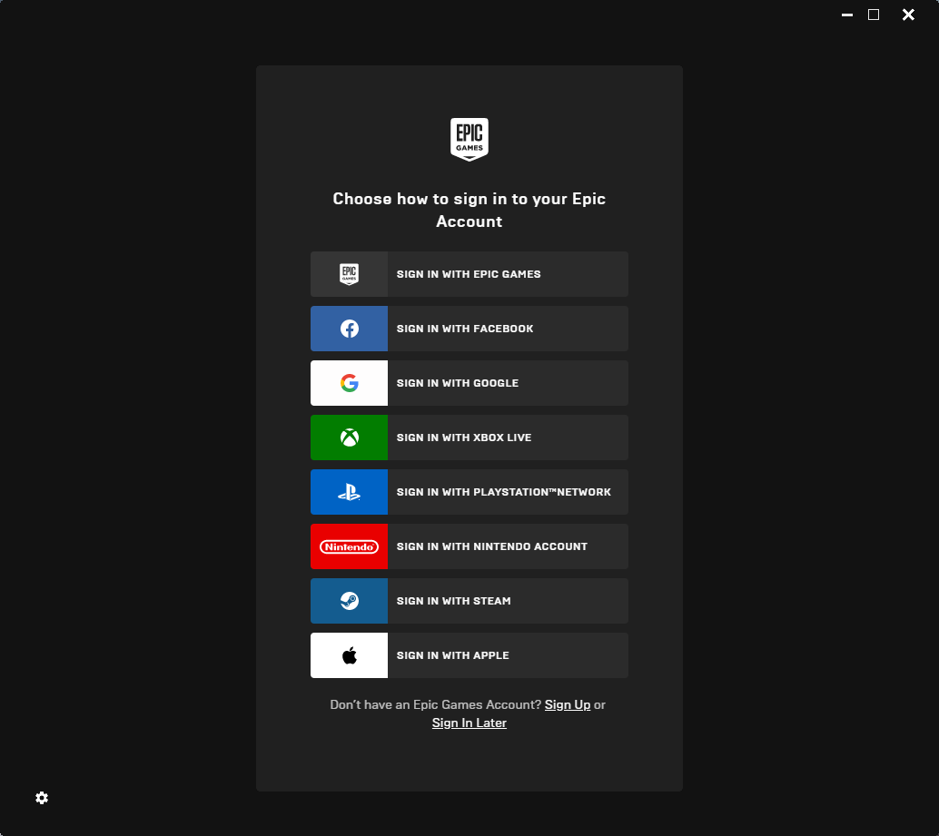 The Epic Games sign in screen