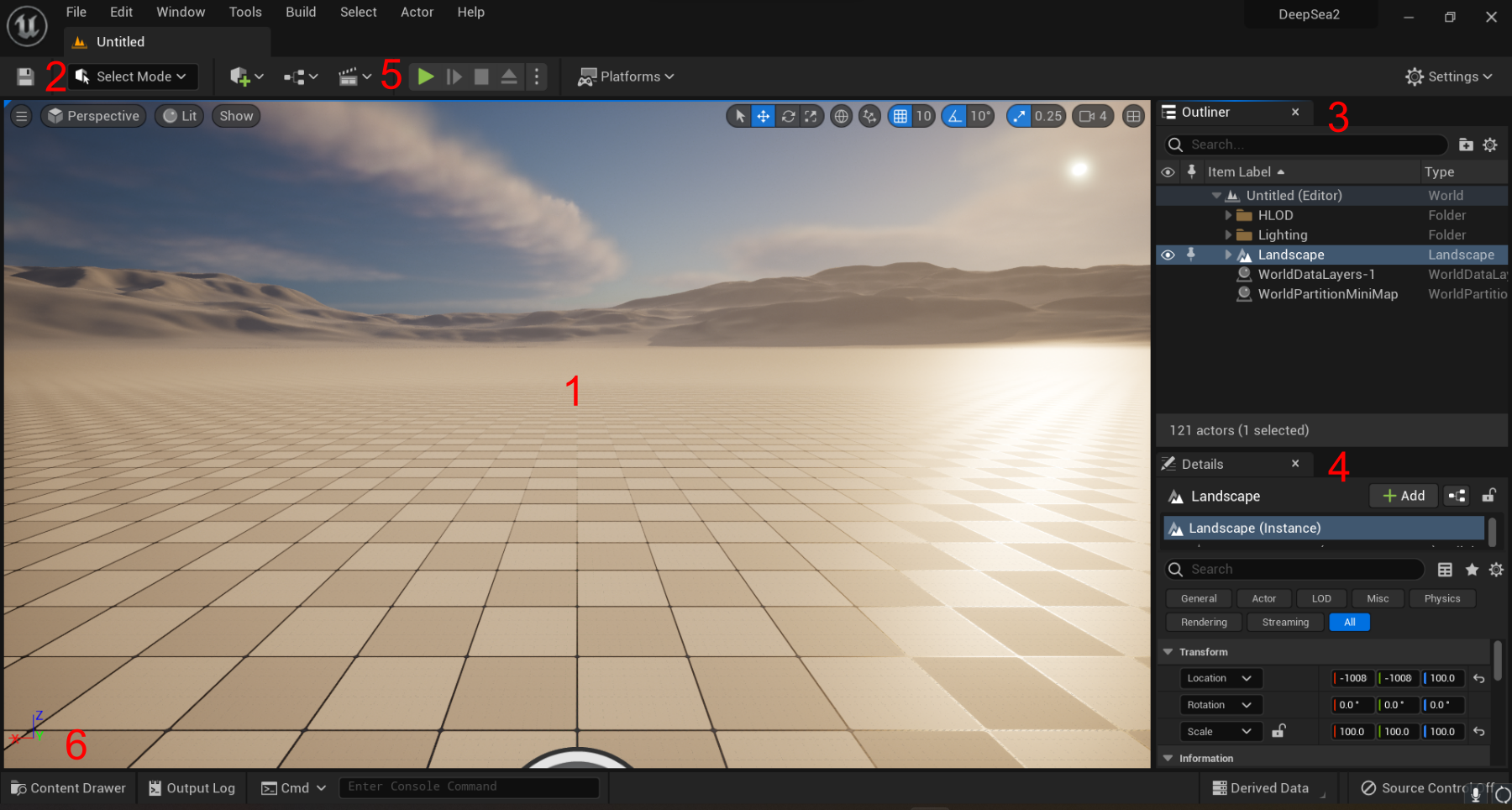 The Unreal Engine editor, annotated with numbers