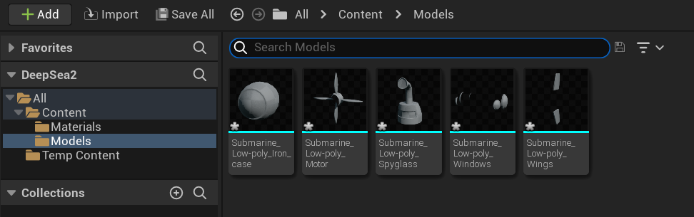 The different parts of the submarine model from the FBX