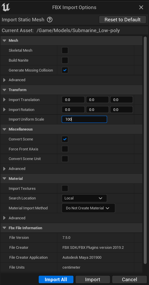 FBX import options