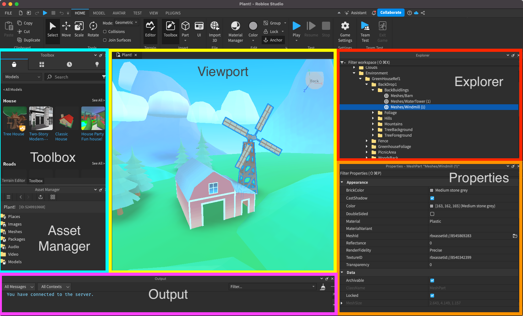 The Roblox Studio user interface with markup to show the various windows and panels.