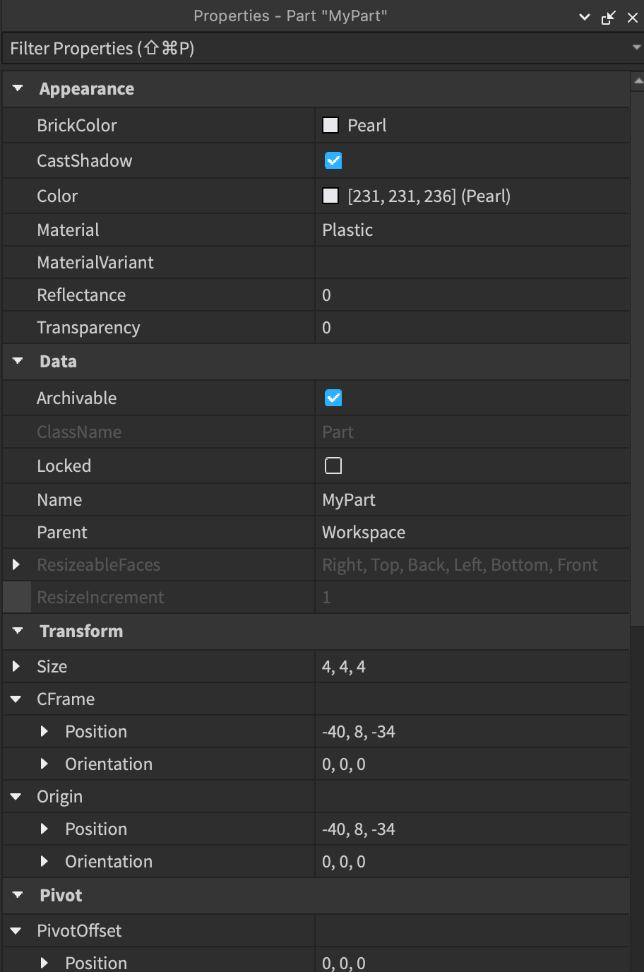 An example Roblox part in the Properties window.